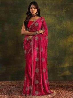 Libas Art - Pink Ethnic Motif Beads Embellished Saree With Embellished Border with Unstitched Blouse