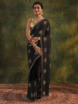 Libas Art - Black Ethnic Motif Beads Embellished Saree With Embellished Border with Unstitched Blouse