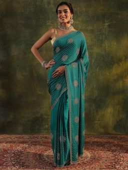 Libas Art - Teal Ethnic Motif Beads Embellished Saree With Embellished Border with Unstitched Blouse