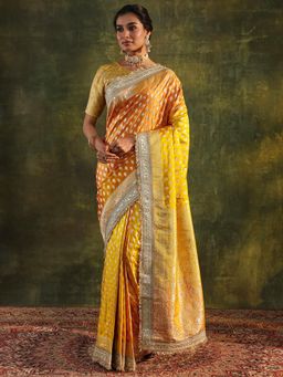 Libas Art - Mustard Floral Woven Design Saree With Gotta Patti Border with Unstitched Blouse