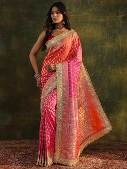 Libas Art - Pink Ethnic Motif Woven Design Saree With Gotta Patti Border with Unstitched Blouse