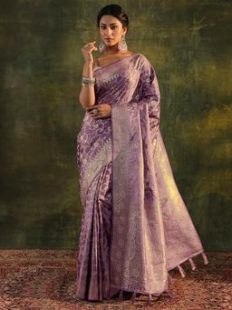 Libas - Purple Floral Woven Design Saree With Woven Design Border with Unstitched Blouse