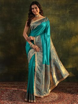 Libas - Teal Solid Saree With Zari Woven Design Border with Unstitched Blouse