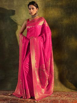 Libas Art - Teal Floral Woven Design Saree With Border And Dupatta with Unstitched Blouse