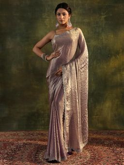 Libas - Mauve Beads Embellished Saree With Embellished Border with Unstitched Blouse