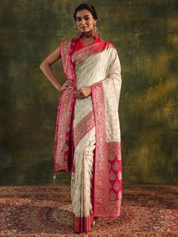 Libas Art - Cream Bandhani Woven Design Saree With Zari Woven Design Border with Unstitched Blouse