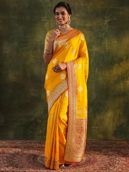 Libas Art - Mustard Ethnic Motif Woven Saree With Zari Woven Design Border with Unstitched Blouse