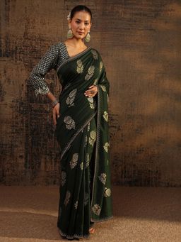 Libas - Green Floral Zari Printed Saree With Beads Embellished Border with Unstitched Blouse