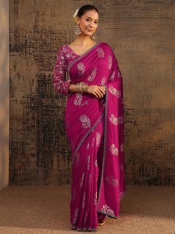 Libas - Pink Floral Zari Printed Saree With Beads Embellished Border with Unstitched Blouse