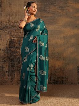 Libas - Green Floral Zari Printed Saree With Beads Embellished Border with Unstitched Blouse