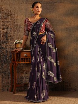 Libas - Purple Floral Zari Printed Saree With Beads Embellished Border with Unstitched Blouse