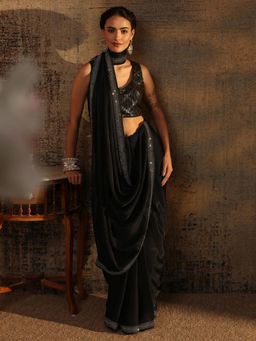 Libas - Black Beads Embellished Saree With Embellished Border with Unstitched Blouse