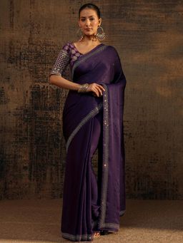 Libas - Purple Beads Embellished Saree With Embellished Border with Unstitched Blouse