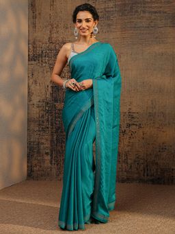 Libas - Teal Beads Embellished Saree With Embellished Border with Unstitched Blouse