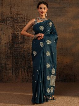 Libas - Navy Blue Floral Zari Embroidered Saree With Embroidered Border with Unstitched Blouse