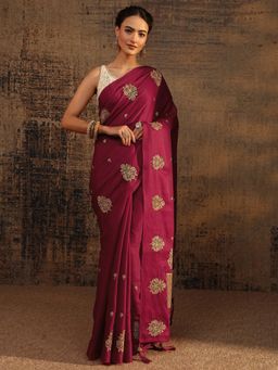Libas - Red Floral Zari Embroidered Saree With Embroidered Border with Unstitched Blouse