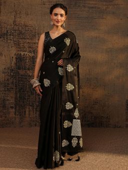 Libas - Black Floral Zari Embroidered Saree With Embroidered Border with Unstitched Blouse