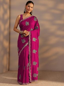 Libas - Pink Floral Embroidered Saree With Beads Embellished Border with Unstitched Blouse