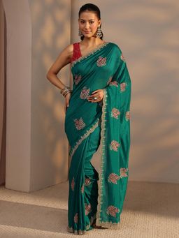 Libas - Green Floral Embroidered Saree With Beads Embellished Border with Unstitched Blouse