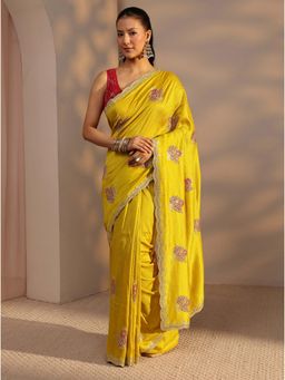 Libas - Yellow Floral Embroidered Saree With Beads Embellished Border with Unstitched Blouse