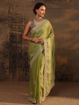 Libas - Green Ethnic Motif Beads Embellished Saree With Embellished Border with Unstitched Blouse