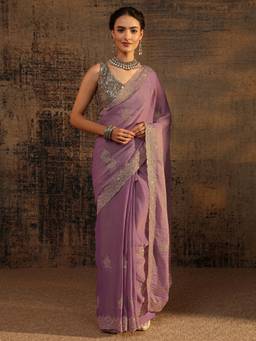 Libas - Purple Ethnic Motif Beads Embellished Saree With Embellished Border with Unstitched Blouse