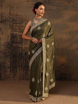 Libas - Green Ethnic Motif Beads Embellished Saree With Embellished Border with Unstitched Blouse