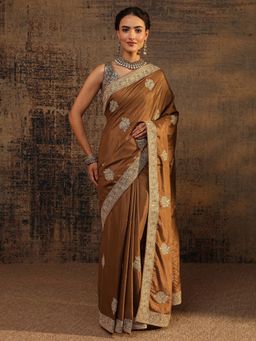Libas - Brown Ethnic Motif Beads Embellished Saree With Embellished Border with Unstitched Blouse