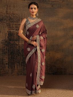 Libas - Brown Ethnic Motif Beads Embellished Saree With Embellished Border with Unstitched Blouse