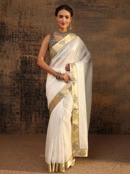Libas - White Solid Saree With Beads Embellished Border with Unstitched Blouse