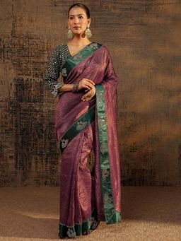 Libas - Maroon Solid Saree With Beads Embellished Border with Unstitched Blouse