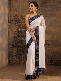 Libas - White Solid Saree With Beads Embellished Border with Unstitched Blouse