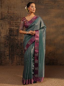 Libas - Green Solid Saree With Beads Embellished Border with Unstitched Blouse