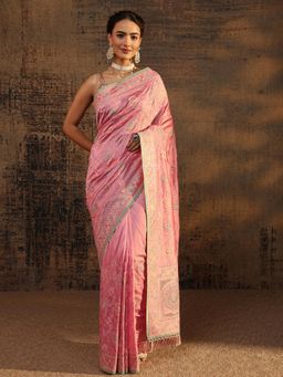 Libas - Pink Ethnic Motif Beads Embroidered Saree With Embroidered Border with Unstitched Blouse