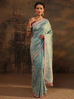 Libas - Blue Ethnic Motif Beads Embroidered Saree With Embroidered Border with Unstitched Blouse