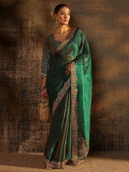 Libas - Green Beads Embellished Saree With Embellished Border with Unstitched Blouse