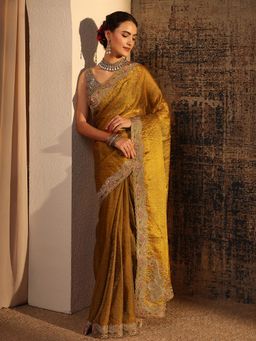Libas - Gold Beads Embellished Saree With Embellished Border with Unstitched Blouse