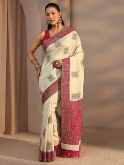 Libas - Cream Ethnic Motif Zari Embroidered Saree With Embroidered Border with Unstitched Blouse