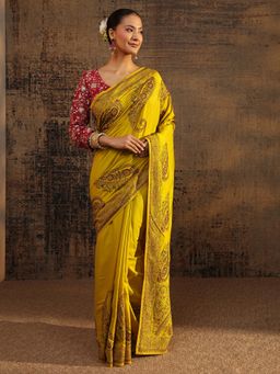 Libas - Mustard Floral Embroidered Saree With Beads Embroidered Border with Unstitched Blouse