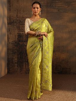 Libas - Green Floral Zari Embroidered Saree With Embellished Border with Unstitched Blouse