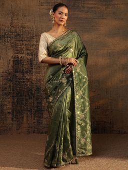 Libas - Green Floral Zari Embroidered Saree With Embellished Border with Unstitched Blouse