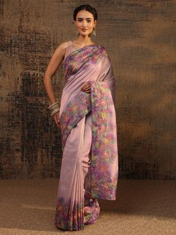 Libas - Lavender Saree With Floral Printed Border with Unstitched Blouse