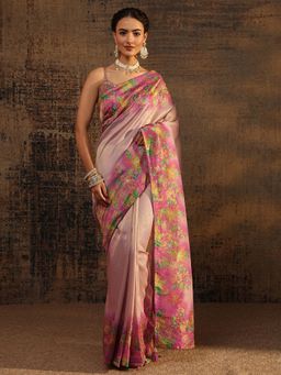 Libas - Pink Saree With Floral Printed Border with Unstitched Blouse