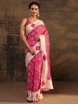 Libas - Pink Ethnic Motif Printed Saree With Embellished Border with Unstitched Blouse
