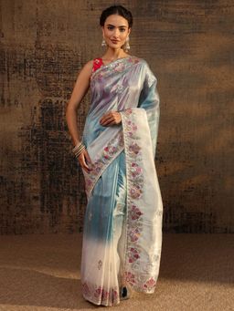 Libas - Blue Floral Zari Embroidered Tye Dye Saree With Embellished Border with Unstitched Blouse