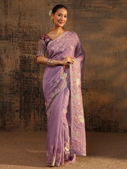 Libas - Purple Floral Embroidered Saree With Embroidered Border with Unstitched Blouse