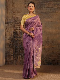 Libas - Purple Floral Zari Embroidered Saree With Embellished Border with Unstitched Blouse