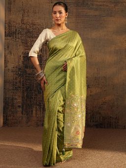 Libas - Green Floral Zari Embroidered Saree With Embellished Border with Unstitched Blouse