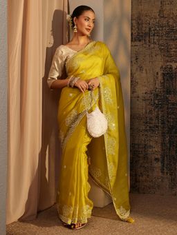 Libas - Mustard Ethnic Motif Sequinned Saree With Embellished Border with Unstitched Blouse