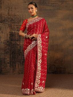 Libas - Red Bandhani Printed Saree With Floral Zari Embroidered Border with Unstitched Blouse